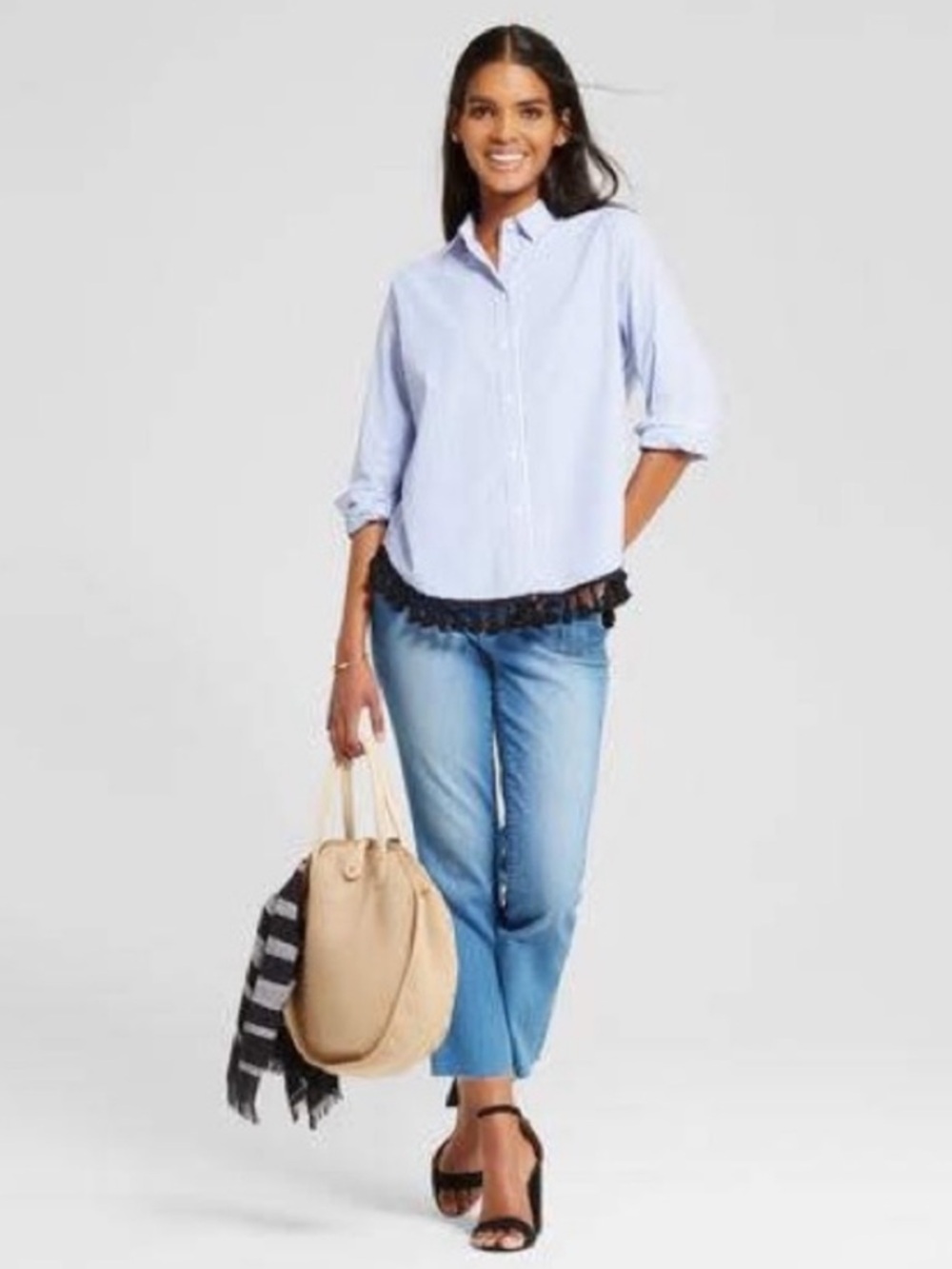 WHO WHAT WEAR - Blue and White Striped Button-Down Shirt with Tassles